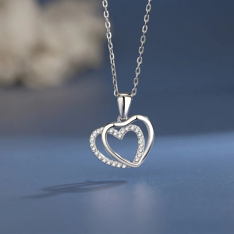 925 Sterling Silver Double Heart-Shaped Necklace for Women Summer